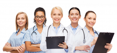 smiling female doctors and nurses with stethoscope